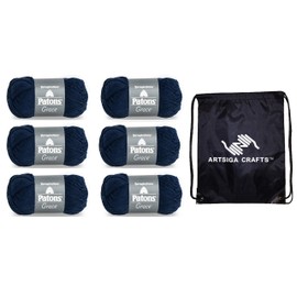 Patons Grace Navy 246062-62110 (6-Pack - Same Dye Lot) DK Light Worsted #3 Cotton Yarn for Crocheting and Knitting with Project Bag