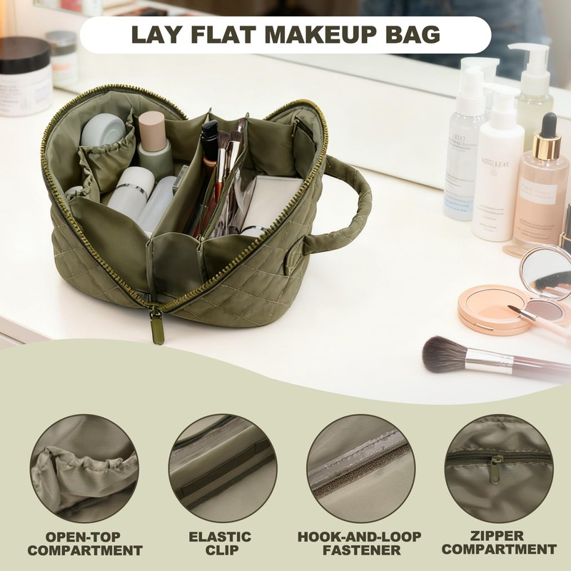 Makeup Bag,Quilted Puffer Cosmetic Bag for Women, 180° Lay-Flat Travel