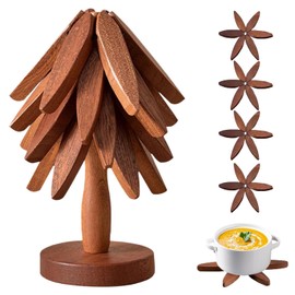 ROXANEPIG Wooden Trivets for Hot Dishes, 4pcs Tree Trivets +1 Stand, Wooden placemat Coaster, Tree Design hot Pot mat, Heat Resistant Folding mat for teapot, pan, Bowl (Black Walnut)