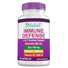 Safrel Strong Immune Support, Quercetin 500 mg, Zinc Picolinate100 mg, VitamatiC 1000 mg, Vitamin D3 1000 IU, 60 Capsules, 1 Month Supply | Made in USA | Vegan