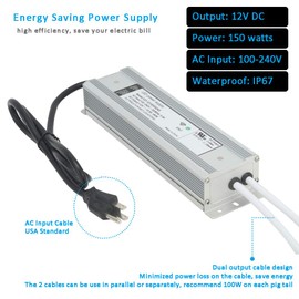 E ENERSYSTEC 150W 12V LED Power Supply AC to DC Converter - Waterproof IP67 Transformer with 3 Prong Plug, 120V AC to 12V DC Power Adapter