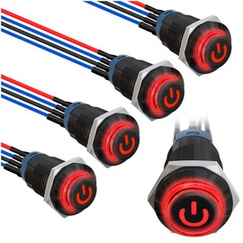 MKBKLLJY 5Pcs 12mm Momentary Red LED Push Button Switch Black Shell with Power Mark LOGO IP65 Waterproof Push Button Switch SPST 2Position ON OFFwith Pre-Wiring for Car Marine Boat Truck Equipment