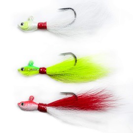 Dr.Fish 3 Pack Bucktail Jig Fluke Lure Pompano Hair Jig 3D Eyes Holographic Body Sharp Hook White Red Yellow Bass Flounder Striper Bluefish Halibut Surf Fishing Saltwater 1/2oz, 1oz, 2oz, 4oz, 6oz