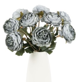 IPOPU 10pcs Dusty Blue Peonies Artificial Flowers Gradient Blue Silk Peonies with Stems Real Touch Fake Peony for Wedding Decoration Bride Bouquet Faux Flowers Floral Arrangement