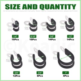 Keadic 84Pcs 304 Stainless Steel Wire Cable Clamps Assortment Kit with Box, 7 Sizes 1/4" 5/16" 3/8" 1/2" 5/8" 3/4” 1'' Rubber Cushioned Insulated Metal P Clamp Hose Fuel Line Clamps