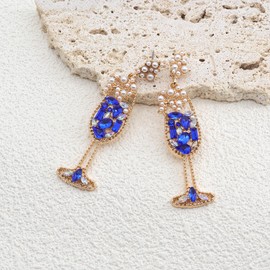 Dainty Champagne Goblet Rhinestone Dangling Earrings for Women,Sparkly Pearl Wine Glass Statement Hanging Earrings, Charm Party Festival Jewelry Gifts (Blue)