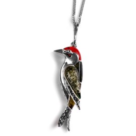 HENRYKA Small Woodpecker Bird Necklace in 925 Sterling Silver, Coral and Baltic Amber, Bird Necklace, Woodland Jewellery, Nature Lover Gift