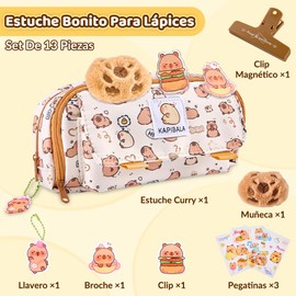 Nasjac Estuche de Lápices de Capibara,Juego de 9 piezas Estuche Papelería Kawaii con Broche de Peluche, Pegatinas, Bolígrafos, Clips, Bolsa de Lapicera Bolígrafos con Cremallera para Escuela, Oficina