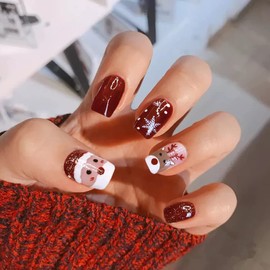 Christmas Press on Nails Short Square Red Fake Nails Glitter Full Cover Acrylic Nails Cute Snowflake Press on Nails Santa Claus Artificial False Nail with Designs Nail Supplies for Women Girls 24Pcs