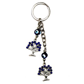 LUCKBOOSTIUM 2 Sacred Tree Charm with Blue Crystal & 2 Evil Eye Beads Keychain Ring - Sign of Protection, Good Luck & Blessing - Home, Bags & Car Rear View Mirror Hanging Accessories (2” x 5”)