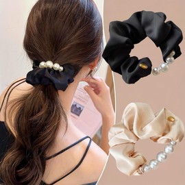 Hair Elastic Scrunchies, Satin, Pearl, Set of 2, Hair Accessories, Elegant, Simple, Adult, Korean Style, Women's, Weddings, After Parties, Graduation Ceremonies, School Entrance Ceremonies, Office