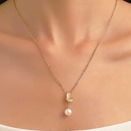 Cimenexe Bohemian Butterfly Beads Necklace Gold Opal Butterfly Pendant Necklace White Pearl Drop Necklace Moonstone Butterfly Beads Necklace Jewellery for Women and Girls, Zinc, No Gemstone
