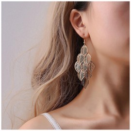 Inateannal Boho Filigree Leaf Drop Earrings Gold Leaf Chandelier Earrings Cluster Leaf Hook Earrings Ethnic Super Light Earrings Jewellery for Women and Girls, Alloy Steel