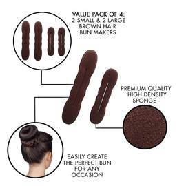 4 Pieces Magic Hair Bun Maker Sponge Hair Foam Twister Easy Perfect Bun Tool (2 Small, 2 Large) (Brown)
