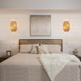 MhyTogn Natural Rattan Plug-in Wall Sconce Set of 2, with Boho Woven Wicker Shade Antique Brass Brush Paint Finish for Vanity Stairway Fireplace Living Room Bedside Passway Hallway