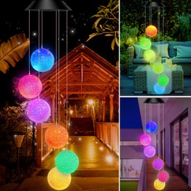 Remon Solar Wind Chimes Color-Changing Led Light Solar Powered Mobile Hanging Chimes Crystal Ball Waterproof Wind Chimes Lights for Patio, Home, Outdoor, Yard, Garden, Party, Festival Decoration