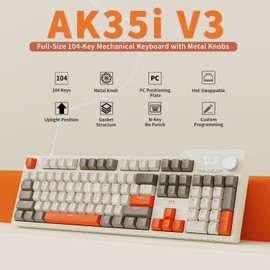 AJAZZ AK35I V3 104-Key Full Size Wired Gasket Mount Keyboard with Multimedia Buttons & Knob Control | Five Layer Pad | OEM Profile PBT Keycaps | White Backlit Custom Keyboard