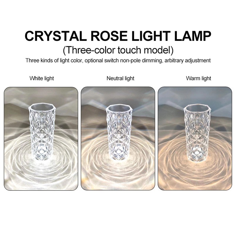 Crystal Table Lamp Light 3 Colours Changing USB Chargeable LED