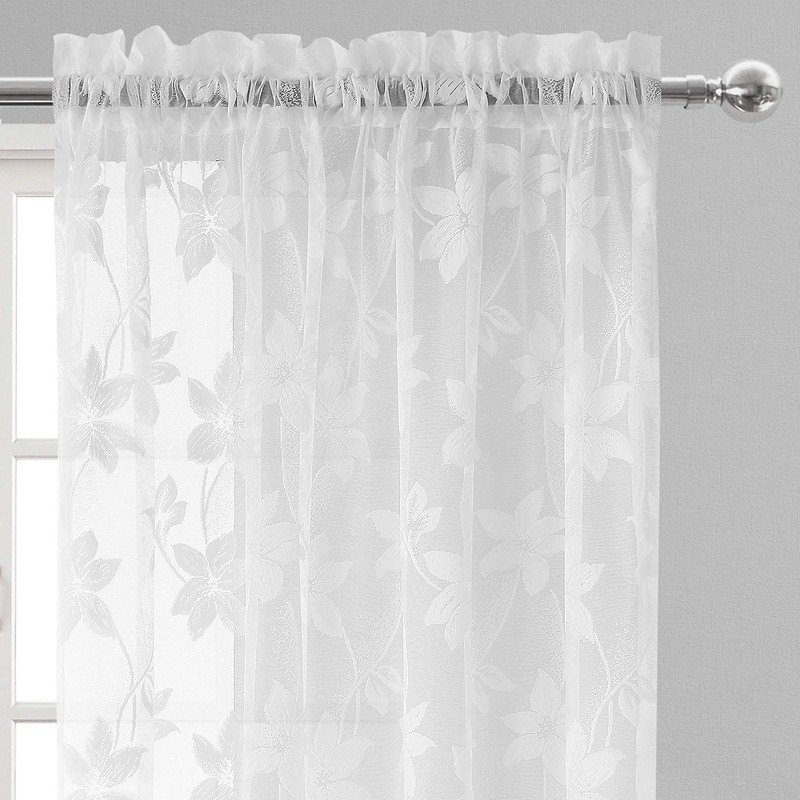 DWCN White Sheer Rod Pocket Curtains - Window Voile Floral