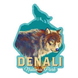 Die Cut Sticker Denali National Park, Alaska, Wolf, Vivid Watercolor, Contour Vinyl Sticker 1 to 3 inches (Waterproof Decal for Cars, Water Bottles, Laptops, Coolers), Small