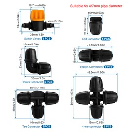 VooGenzek 30 Pieces Irrigation Fittings Kit for Hoses, Barbed Garden Hose Connector for 4/7 mm, Gate Valve Valves, Straight, 4-Way, Elbows, T-Pieces, End Cap