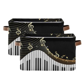 AUUXVA Storage Basket Piano Keyboard Music Note Art Storage Cube Box Set of 2 Durable Canvas Collapsible Toy Basket Organizer Bin with Handles for Shelf Closet Bedroom Home Office