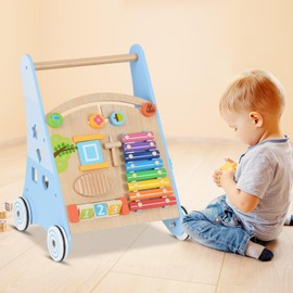 INFANS Wooden Baby Walker, Montessori Walker with Multiple Activity Toys, Storage, Push Walker Toys for Infant Learning to Walk, Sit to Stand Walker for Boys Girls (Blue)