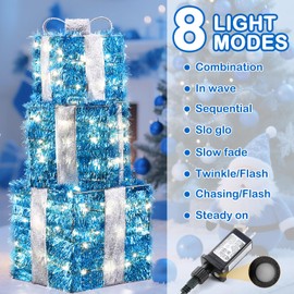Blue Christmas Decorations, 140 LEDs Set of 3 Lighted Gift Boxes with 8 Modes, Bows, Timer, Warm White Present Boxes for Indoor Outdoor Holiday Party Yard Bedroom Home Xmas Decor