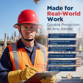 Texas America Safety Co. Deluxe Lift Safety Hard Hat Kit, Fiberglass Full Brim Hard Hats for Men, Rubber Edging Hard Hat with Chin Strap,17oz, 6 Point Suspension | 50/50 Glossy Black and Red