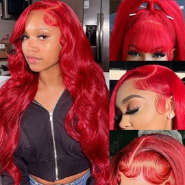 Red Lace Front Wig Human Hair Body Wave 28 Inch 13x4 HD Hot Red Lace Front Wigs Human Hair Wear and Go Glueless Red Burgundy Red Wig Human Hair Pre Plucked 180 Density Colored Wig For Black Women ﻿