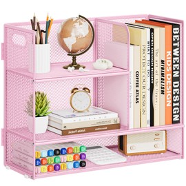 Marbrasse 3-Tier Desk Shelf Organizer with Handle, Desktop Bookshelf File Holder, Mesh Display Shelf Organizer Storage Rack for Office, Home, Supplies, Kitchen (Pink)