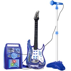 deAO Musical Guitar Play Set,Adjustable Height Microphone,Amplifier Set with Stand,Music Light Karaoke Music Toys Birthday for Kids Boys Girls