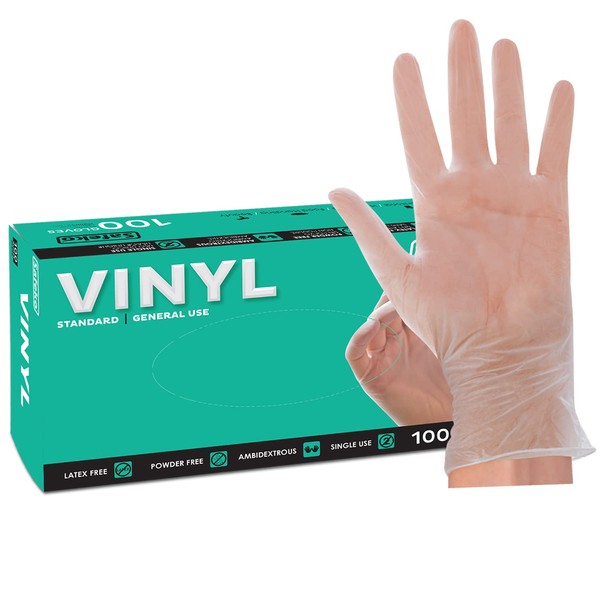 SAFEKO General-Use Disposable Clear Vinyl Gloves - Medium - Powder & Latex Free [Box of 100] - 6006BX