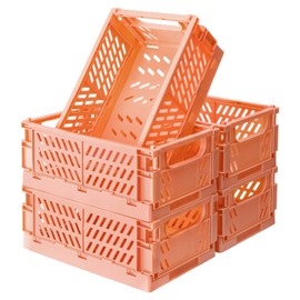 Xuanmuque 5-Pack Collapsible Plastic Storage Baskets for Organizing with Handle, Crate Bin for Desk Bedroom Office Bedroom, 9.8''L x 6.5''W x 3.8''H, Orange