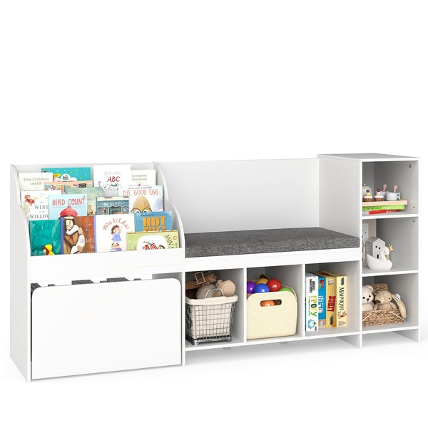 INFANS Kids Bookshelf Toy Storage Organizer with Reading Nook Seat