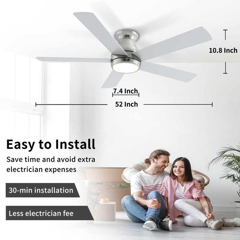 POCHFAN 52 Inch Brushed Nickel Ceiling Fans with Lights and