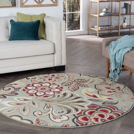 Dilek Transitional Floral Seafoam Round Area Rug, 5' Round