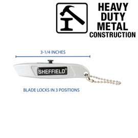 Sheffield 12245 Mini Retractable Utility Knife, General Purpose Box Cutter, Retractable Box Cutter for Cardboard, Drywall, Carpet, with Comfort Grip, 3-Position Blade Lock, Extra Blade Storage