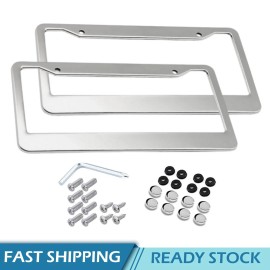 Chrome Stainless Steel Metal License Plate Frame Tag Cover With Screw Caps 2Pcs