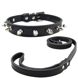 Newtensina Fashion Dogs Collar and Leash with Studs Soft Leather Punk Studded Dog Collar with Lead for Small Dogs - Black - S