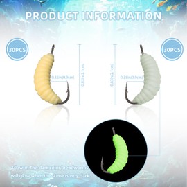 60pcs Rubber Maggot Fishing Lures with Hooks – 30pcs Regular + 30pcs Luminous Glow Worms, 22mm Artificial Baits for Trout, Sunfish, Bluegill, Carp & Freshwater Fishing, Soft Bait Bulk Set