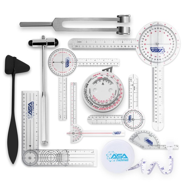 ASA TECHMED Goniometer Physical Therapy Complete Set W/Bonus Reflex Hammer Including 12,8,6 Inches Goni's Plus Two Bonus Measuring Tapes. Occupational Therapy Too