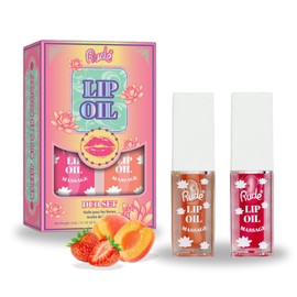 RUDE Cosmetics Tinted Lip Oil for Women, Hydrating Lip Gloss Oil Set, Lightweight & Nourishing, Moisturizing Care with a Glossy Finish, Ideal for On-the-Go Care, Strawberry & Peach