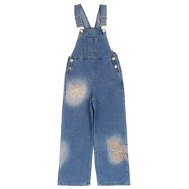 Peacolate 5-14years Little Big Girls Butterfly Embroidery Blue Denim Overalls(6-7Years)