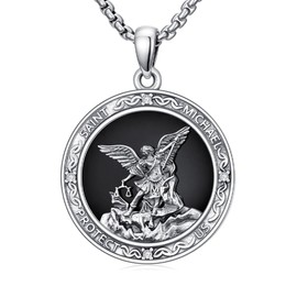 Diamond Saint Michael Necklace for Men Women 925 Sterling Silver the Archangel St Michael Protection Jewelry Patron Amulet Medal Pendant Necklaces, 20+2 Inches