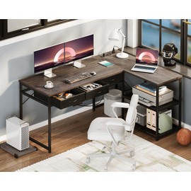 AODK 53 Inch L Shaped Computer Desk with Drawers, Corner Desk with Power Outlets & Reversible Storage Shelves, Movable CPU Stand for Home Office Gaming, Oak Grey