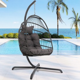 RADIATA Heavy Duty Egg Chair Swing with Stand, 350Lbs Rattan Hanging Chairs with Base and Cozy Cushion, Single Eggshell Hammock Seat for Outside Patio Porch Backyard Balcony Apartment, Dark Grey