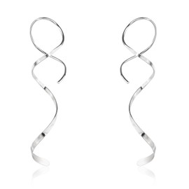 Handmade 925 Sterling Silver Spiral Threader Earrings Hypoallergenic Twisted Curved Drop Dangle Earrings Pull Through Earrings for Women Trendy Fashion-Long Silver