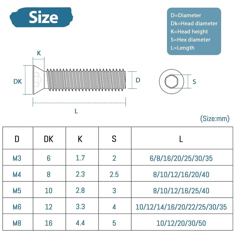 Leryati DIN 7991 A2 V2A Countersunk Screws M5 x 16