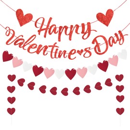 Valentines Decorations Banner, Happy Valentines Day Letter Banner Garland Decorations Kit, Romantic Valentine’s Day Party Supplies Decoration, Red Hearts Hanging String for Valentines Day Decor